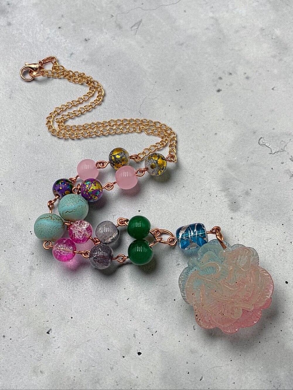 Multicolor Beaded Pendant Necklace with Pastel Flower Charm - Handmade